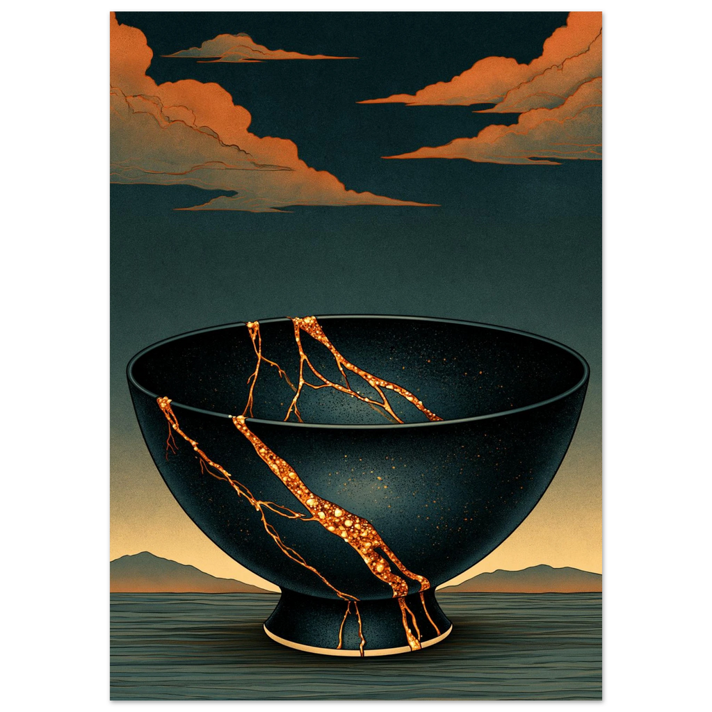 Poster Kintsugi — bol de céramique brisé réparé à l'or, affiche d'art japonais INKONAL
