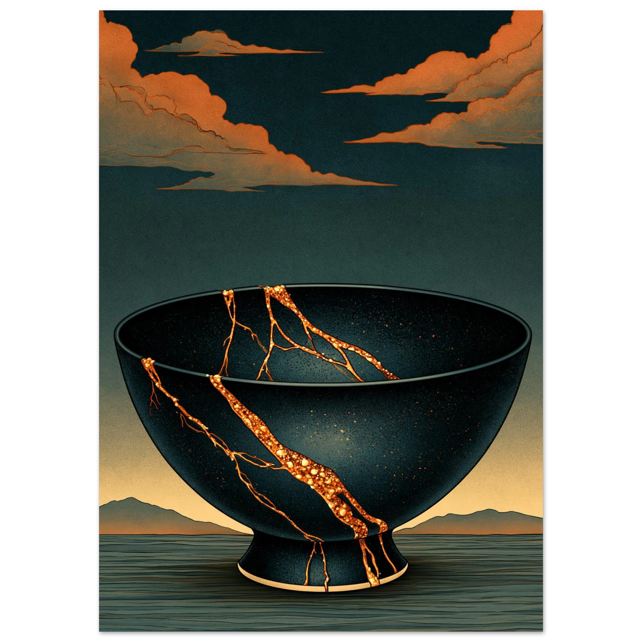 Poster Kintsugi — bol de céramique brisé réparé à l'or, affiche d'art japonais INKONAL