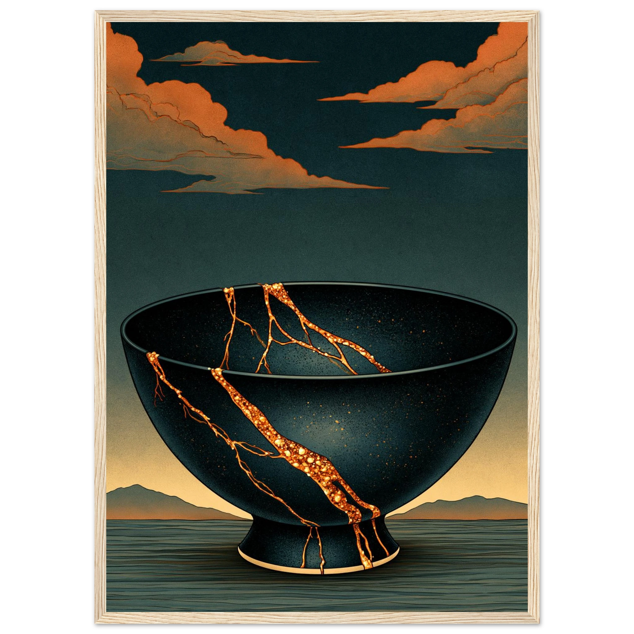 Poster Kintsugi — bol de céramique brisé réparé à l'or, affiche d'art japonais INKONAL