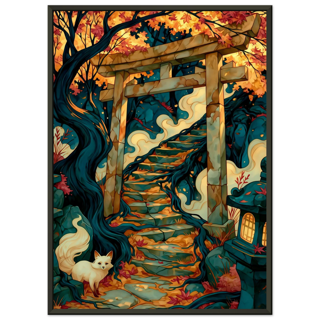 Poster Kitsune — renard blanc immobile devant un torii dans la brume, affiche d'art japonais INKONAL