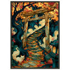 Poster Kitsune — renard blanc immobile devant un torii dans la brume, affiche d'art japonais INKONAL