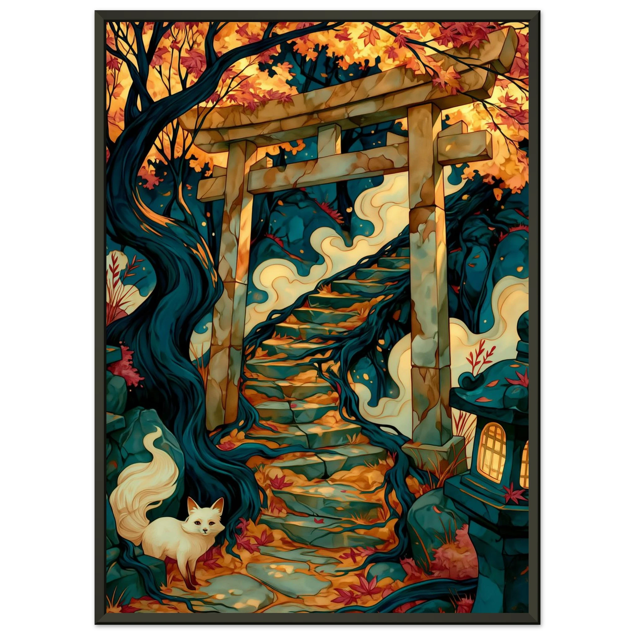 Poster Kitsune — renard blanc immobile devant un torii dans la brume, affiche d'art japonais INKONAL