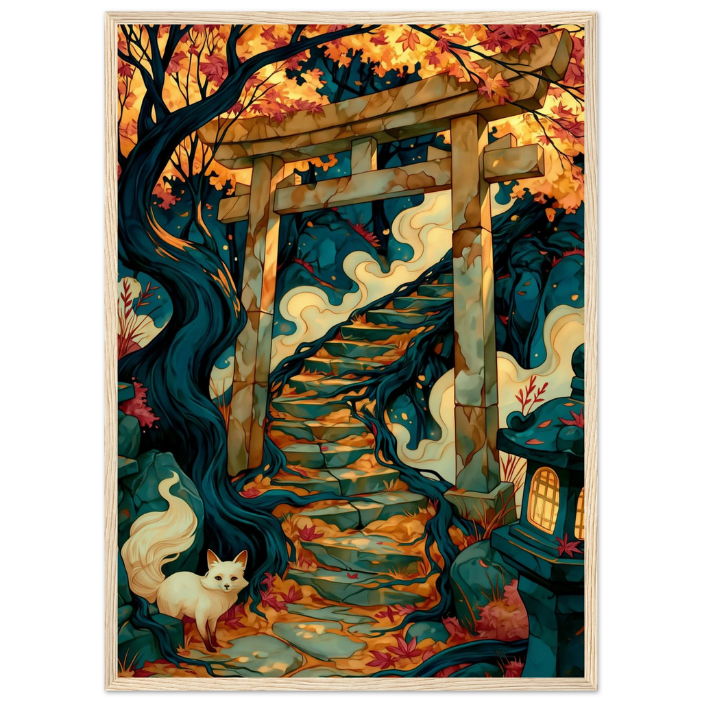 Poster Kitsune — renard blanc immobile devant un torii dans la brume, affiche d'art japonais INKONAL