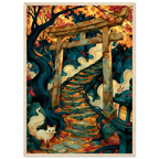 Poster Kitsune — renard blanc immobile devant un torii dans la brume, affiche d'art japonais INKONAL