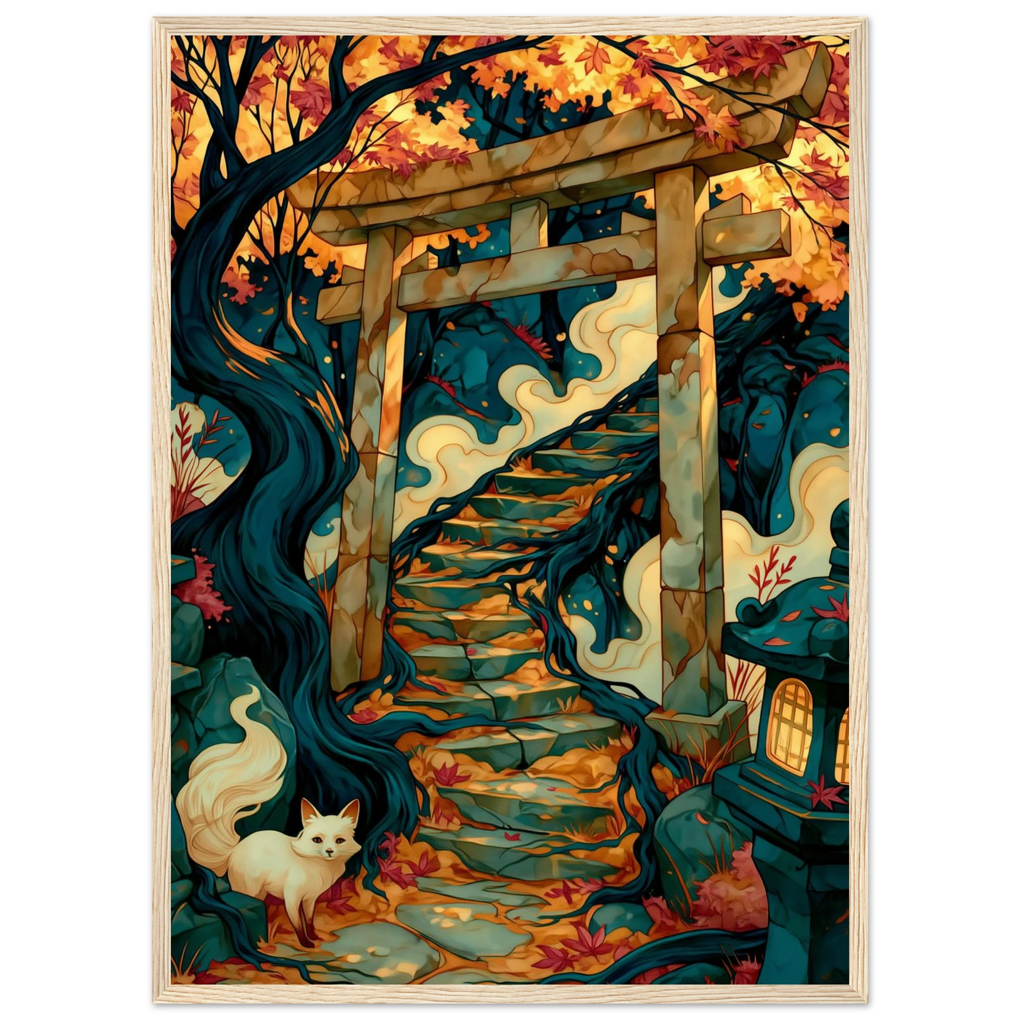 Poster Kitsune — renard blanc immobile devant un torii dans la brume, affiche d'art japonais INKONAL