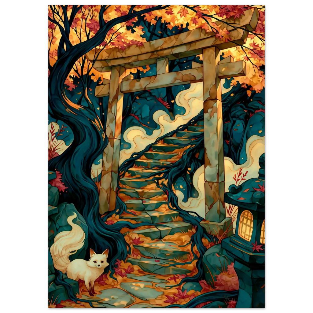 Poster Kitsune — renard blanc immobile devant un torii dans la brume, affiche d'art japonais INKONAL