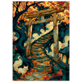 Poster Kitsune — renard blanc immobile devant un torii dans la brume, affiche d'art japonais INKONAL
