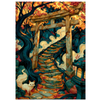 Poster Kitsune — renard blanc immobile devant un torii dans la brume, affiche d'art japonais INKONAL