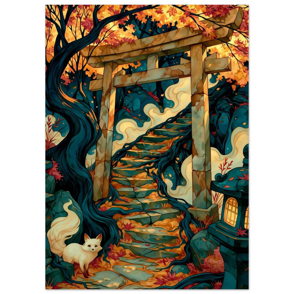 Poster Kitsune — renard blanc immobile devant un torii dans la brume, affiche d'art japonais INKONAL