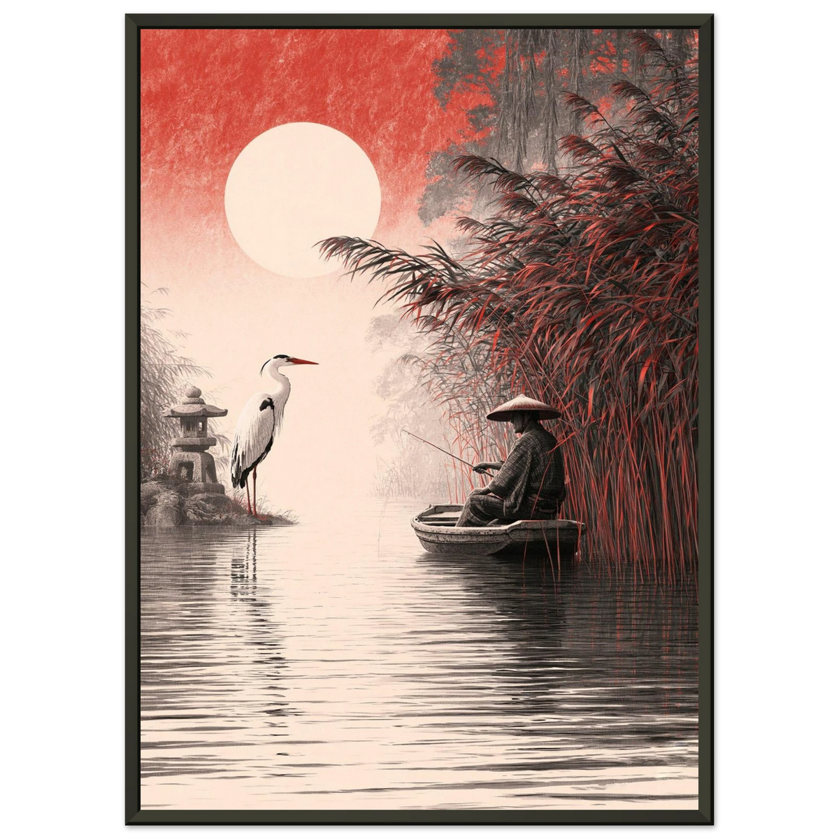 Poster Seijaku — pêcheur seul en barque face au mont Fuji, affiche d'art japonais INKONAL