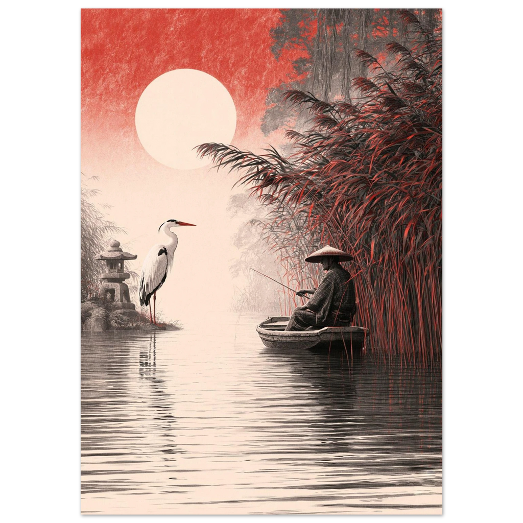 Poster Seijaku — pêcheur seul en barque face au mont Fuji, affiche d'art japonais INKONAL