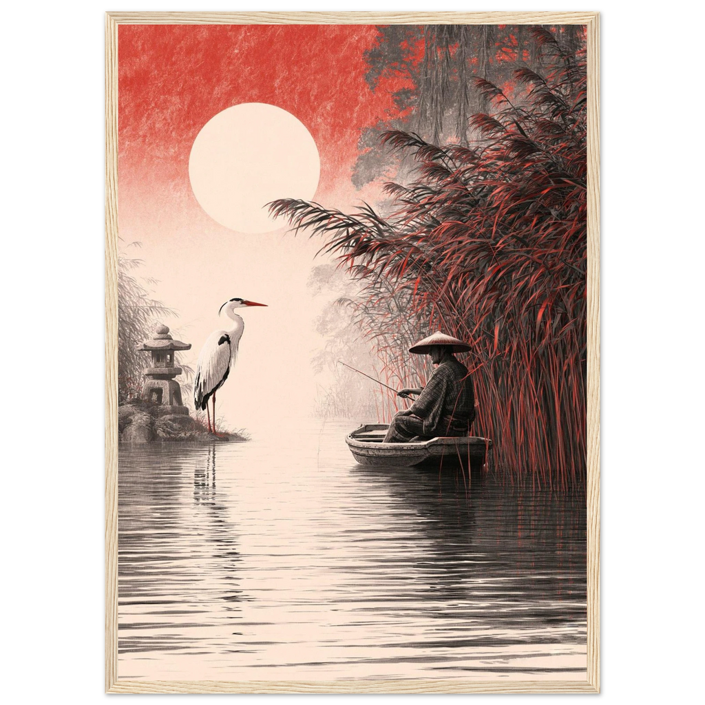 Poster Seijaku — pêcheur seul en barque face au mont Fuji, affiche d'art japonais INKONAL
