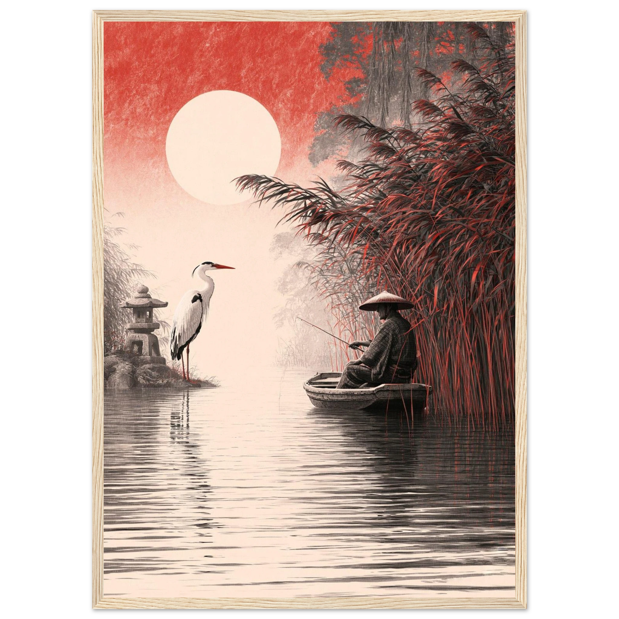 Poster Seijaku — pêcheur seul en barque face au mont Fuji, affiche d'art japonais INKONAL