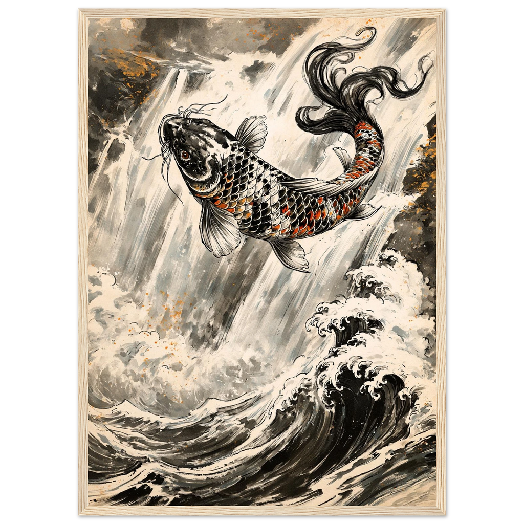 Poster Tōryūmon — carpe koï sautant une cascade, affiche d'art japonais INKONAL