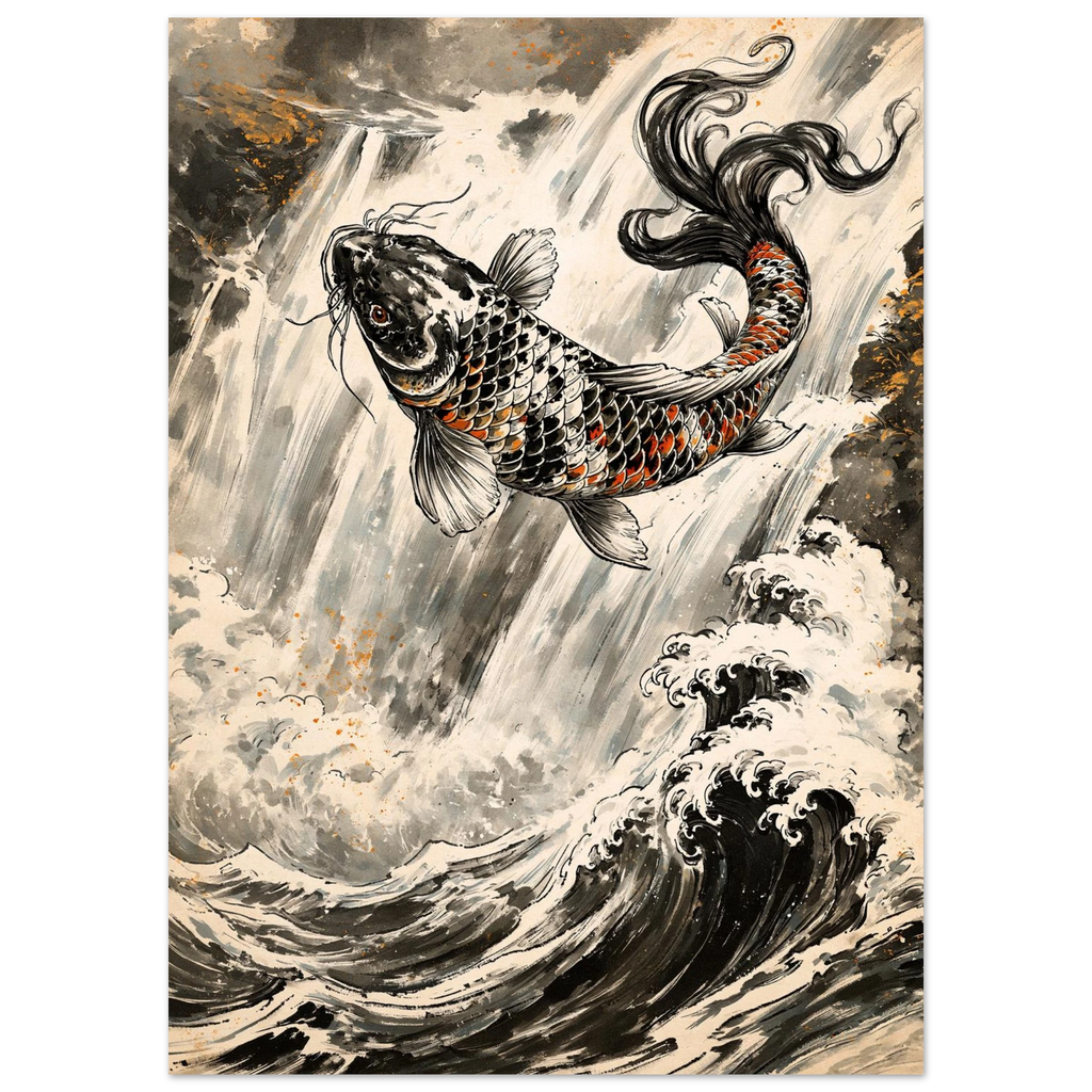 Poster Tōryūmon — carpe koï sautant une cascade, affiche d'art japonais INKONAL
