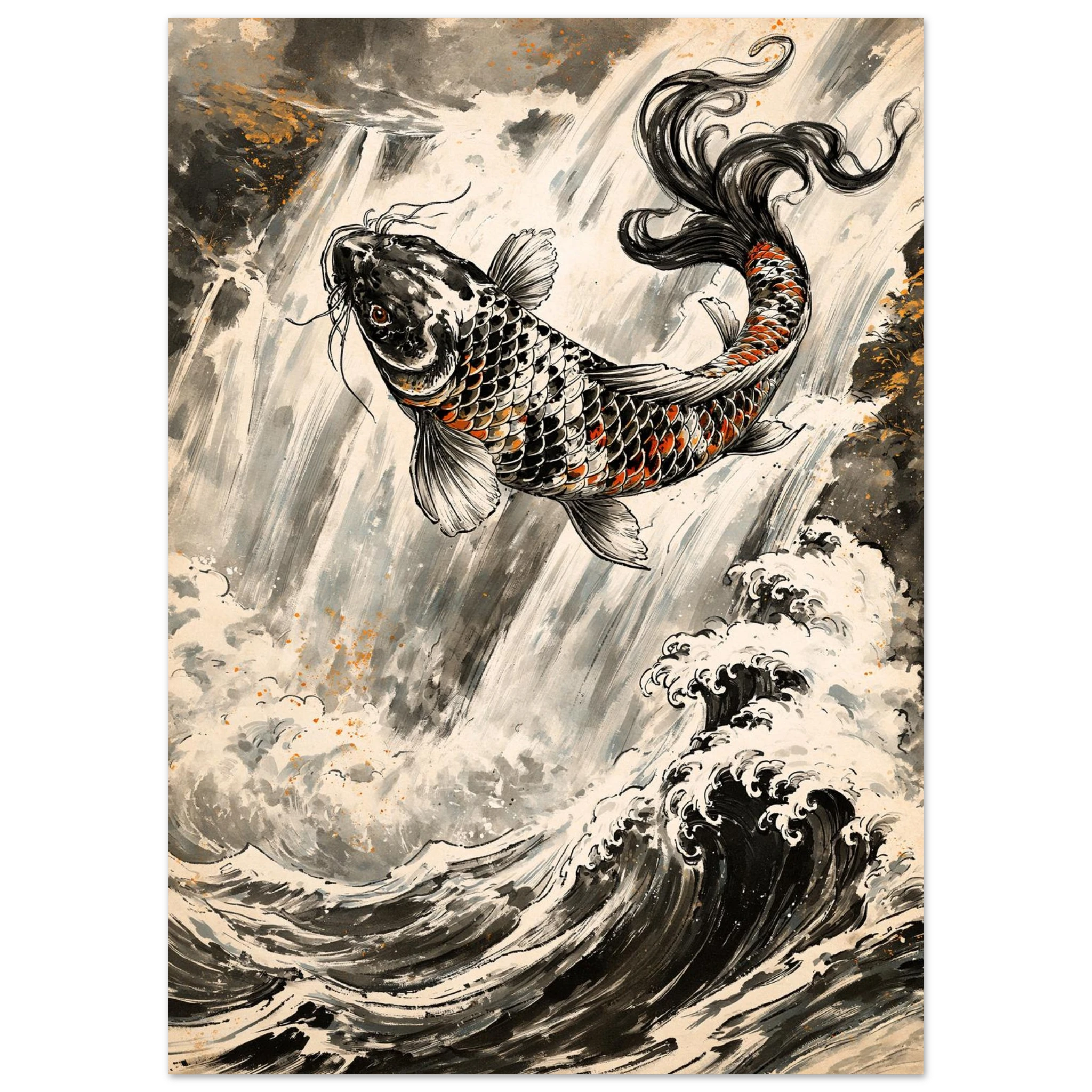 Poster Tōryūmon — carpe koï sautant une cascade, affiche d'art japonais INKONAL