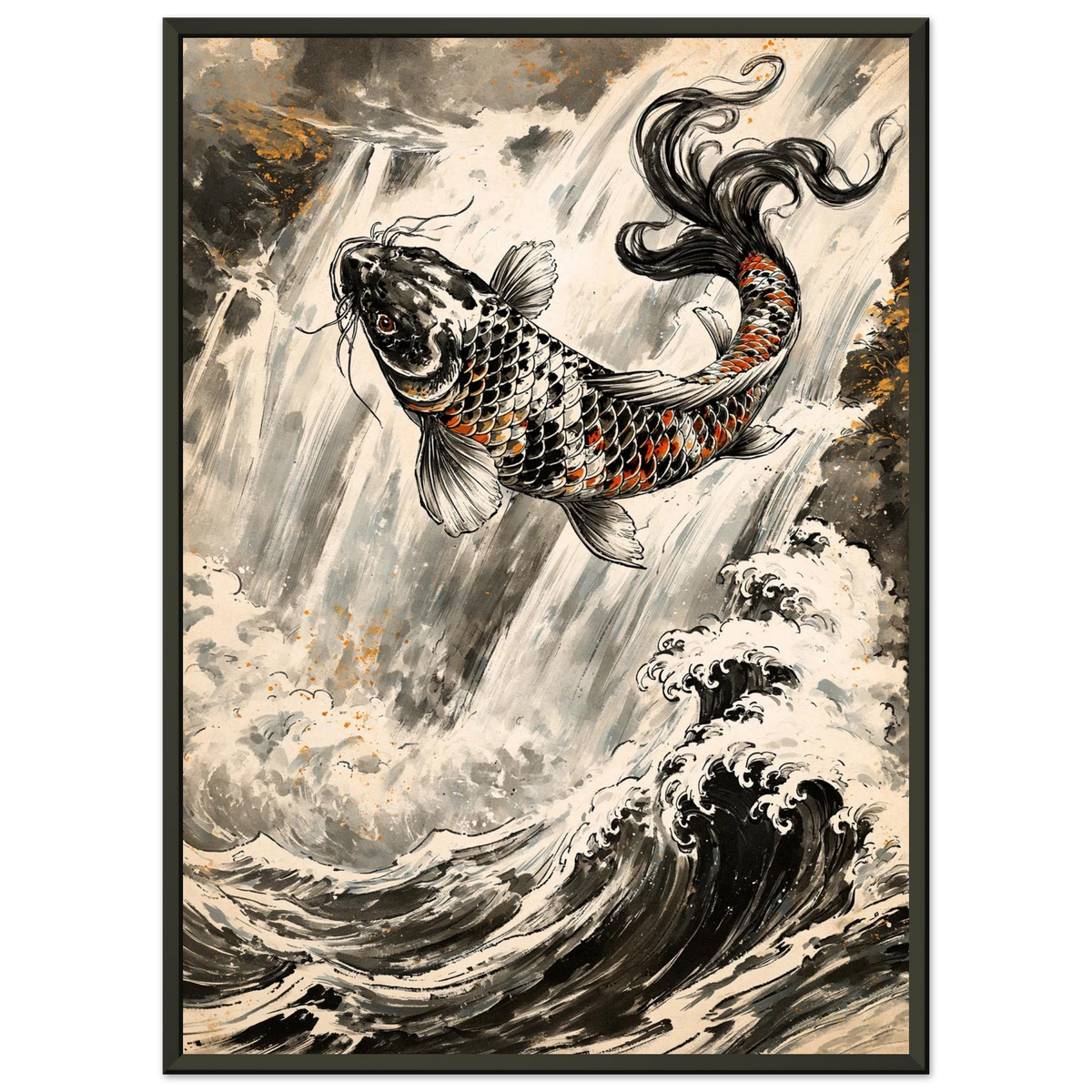 Poster Tōryūmon — carpe koï sautant une cascade, affiche d'art japonais INKONAL