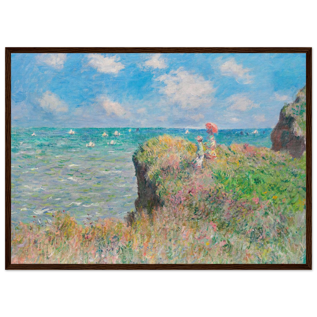 Tableau La Promenade sur la falaise, Pourville — Claude Monet, tirage cadre bois foncé | INKONAL