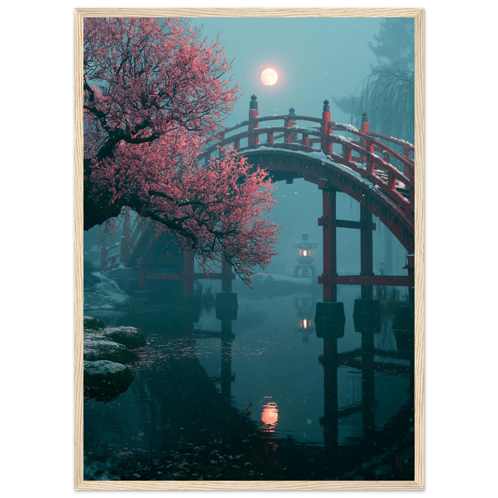 Poster Setsugekka encadré (cadre bois) — pont rouge sous la neige, prunier en fleurs et pleine lune, affiche d'art japonais INKONAL