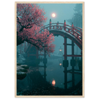 Poster Setsugekka encadré (cadre bois) — pont rouge sous la neige, prunier en fleurs et pleine lune, affiche d'art japonais INKONAL