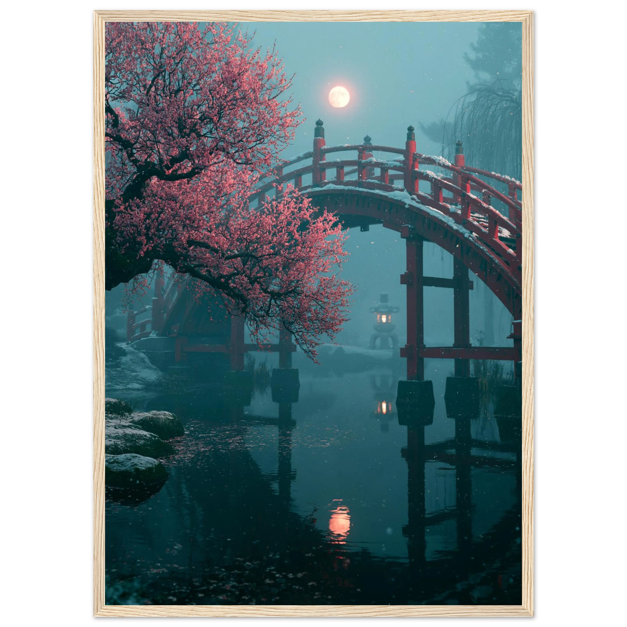 Poster Setsugekka encadré (cadre bois) — pont rouge sous la neige, prunier en fleurs et pleine lune, affiche d'art japonais INKONAL