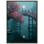 Poster Setsugekka encadré (cadre noir) — pont rouge sous la neige, prunier en fleurs et pleine lune, affiche d'art japonais INKONAL