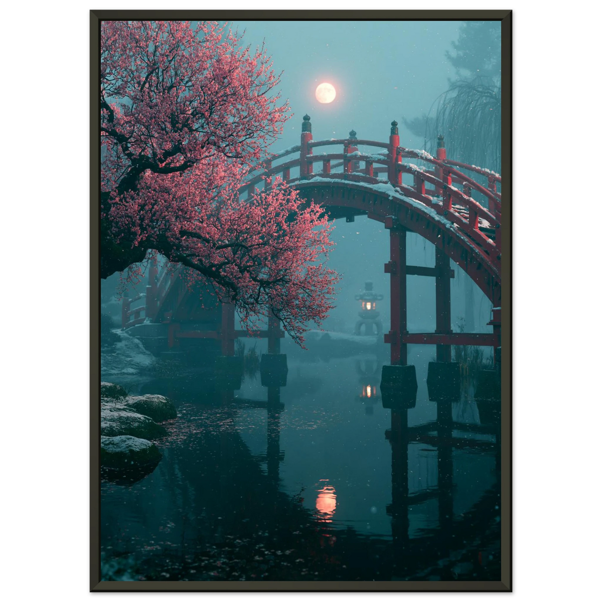 Poster Setsugekka encadré (cadre noir) — pont rouge sous la neige, prunier en fleurs et pleine lune, affiche d'art japonais INKONAL