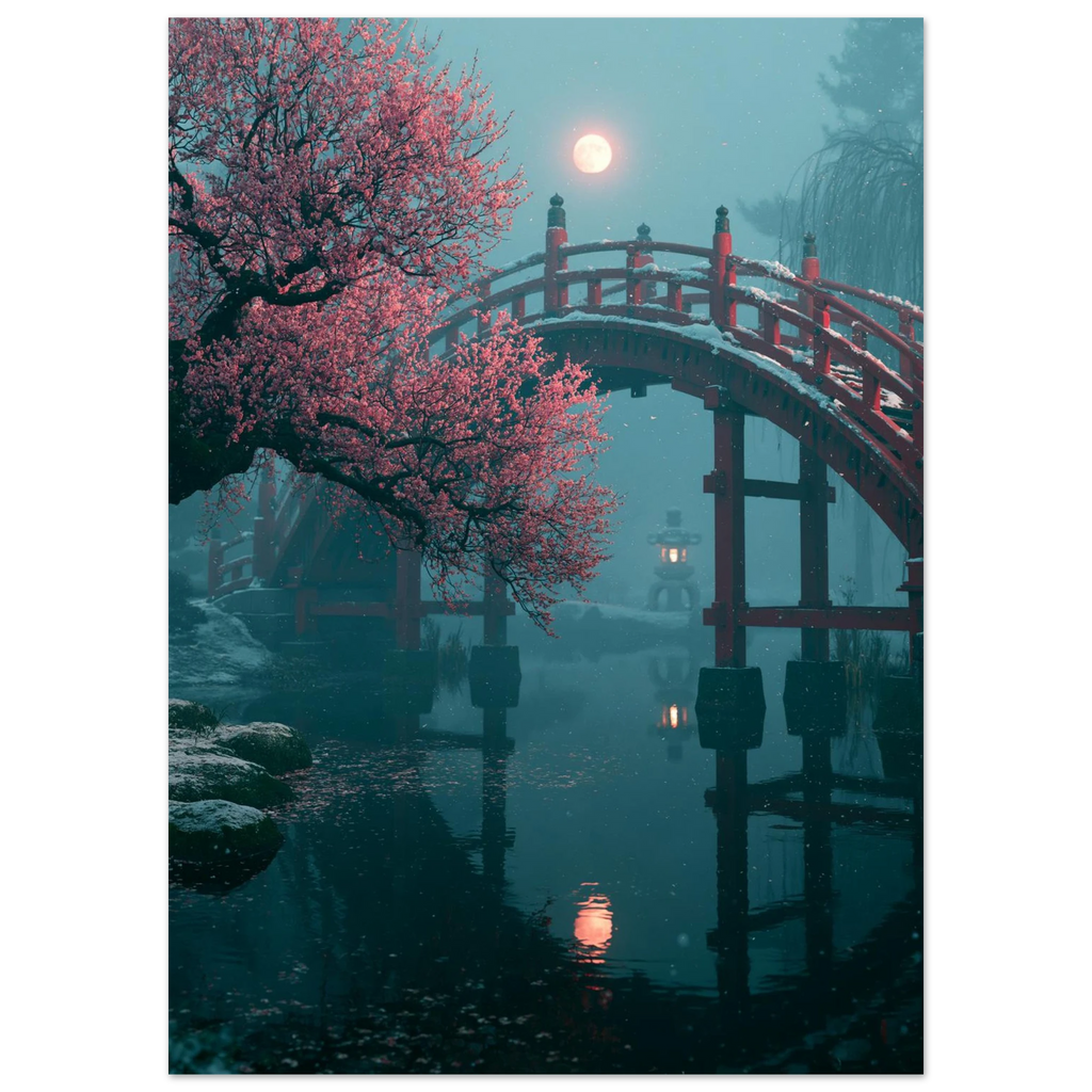 Poster Setsugekka sans cadre — pont rouge sous la neige, prunier en fleurs et pleine lune, affiche d'art japonais INKONAL