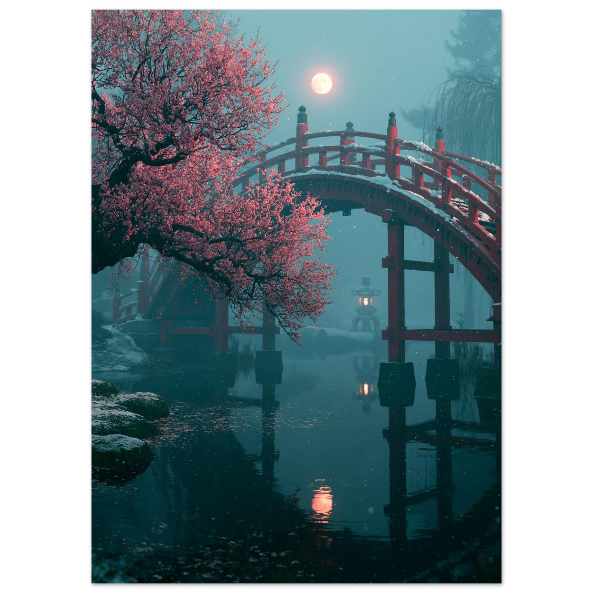 Poster Setsugekka sans cadre — pont rouge sous la neige, prunier en fleurs et pleine lune, affiche d'art japonais INKONAL