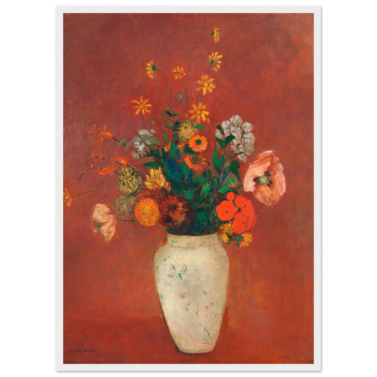 Tableau Bouquet dans un vase chinois — Odilon Redon, tirage encadré cadre blanc | INKONAL