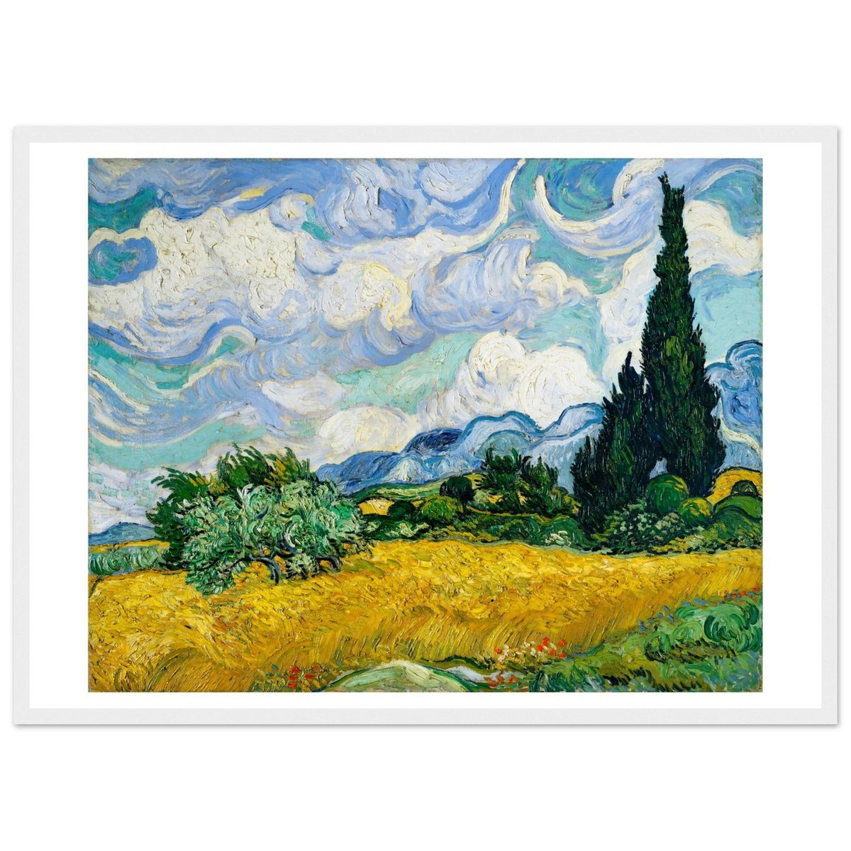 Tableau Champ de blé aux cyprès — Vincent van Gogh, tirage cadre blanc | INKONAL