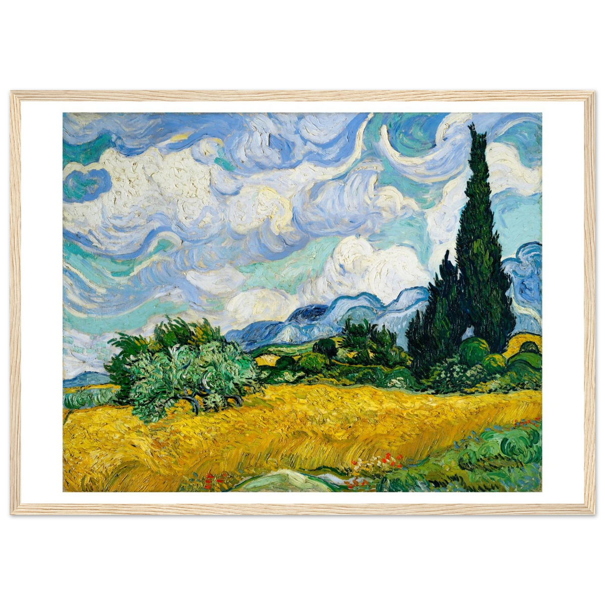 Tableau Champ de blé aux cyprès — Vincent van Gogh, tirage cadre bois | INKONAL