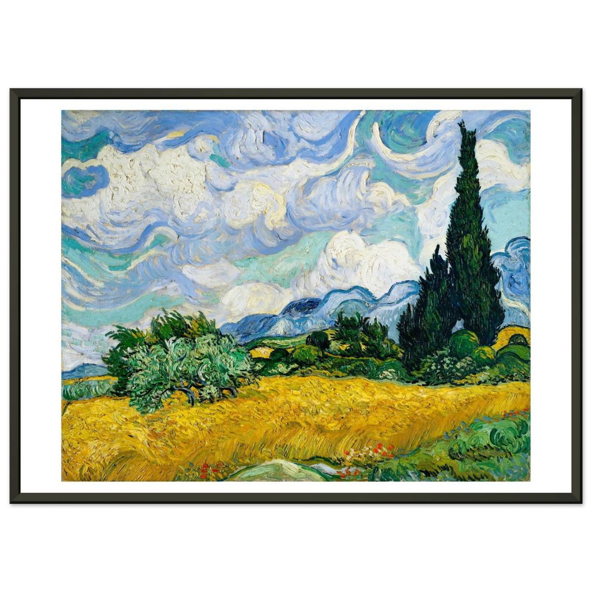 Tableau Champ de blé aux cyprès — Vincent van Gogh, tirage cadre noir | INKONAL