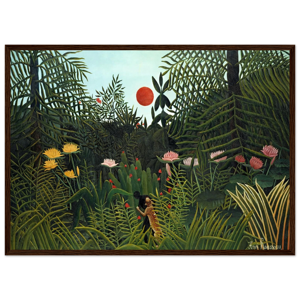 Tableau Forêt vierge au soleil couchant — Henri Rousseau, tirage encadré cadre bois foncé | INKONAL