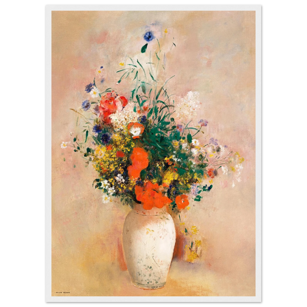 Tableau Vase de fleurs sur fond rose — Odilon Redon, tirage encadré cadre blanc | INKONAL