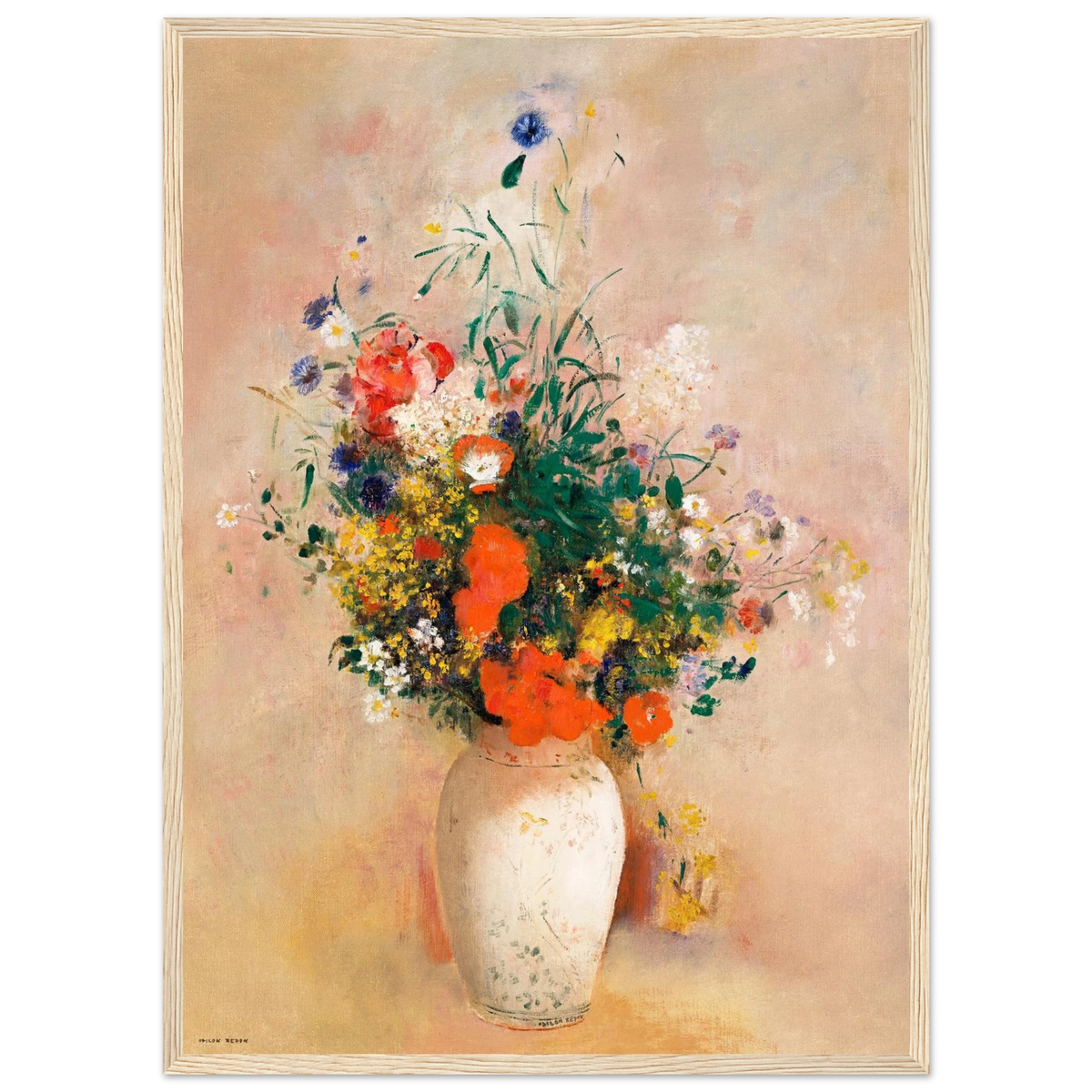 Tableau Vase de fleurs sur fond rose — Odilon Redon, tirage encadré cadre bois | INKONAL