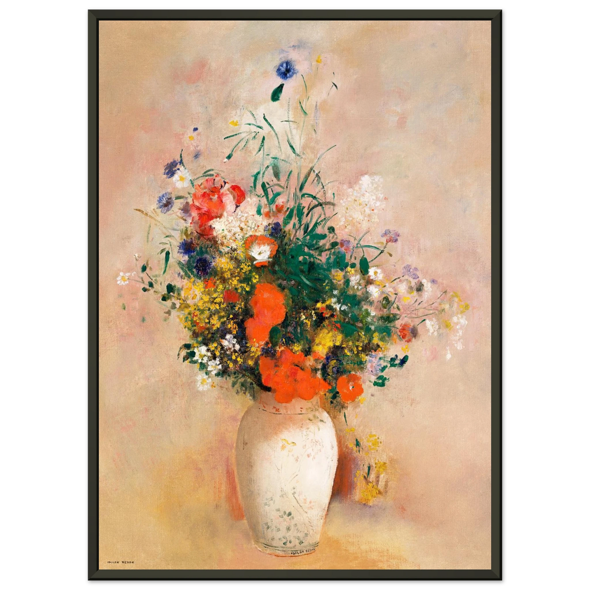 Tableau Vase de fleurs sur fond rose — Odilon Redon, tirage encadré cadre noir | INKONAL