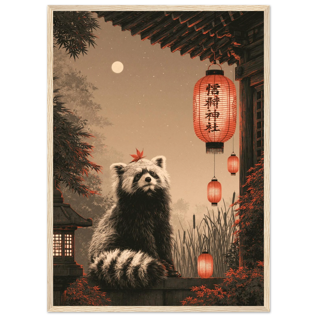 Poster Tanuki encadré (cadre bois) — esprit farceur près d'un sanctuaire japonais, affiche d'art INKONAL
