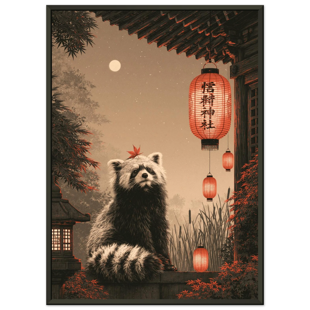 Poster Tanuki encadré (cadre noir) — esprit farceur près d'un sanctuaire japonais, affiche d'art INKONAL