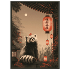 Poster Tanuki encadré (cadre noir) — esprit farceur près d'un sanctuaire japonais, affiche d'art INKONAL