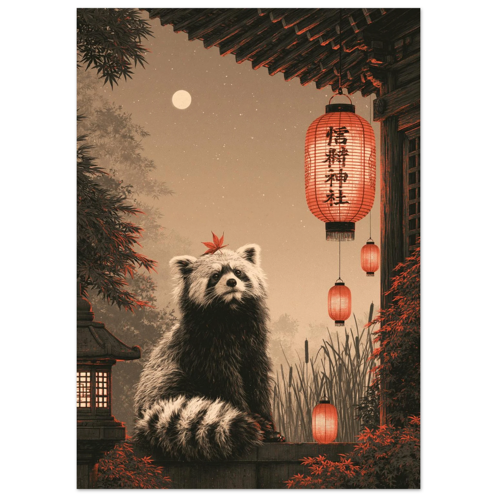 Poster Tanuki sans cadre — esprit farceur près d'un sanctuaire japonais, affiche d'art INKONAL