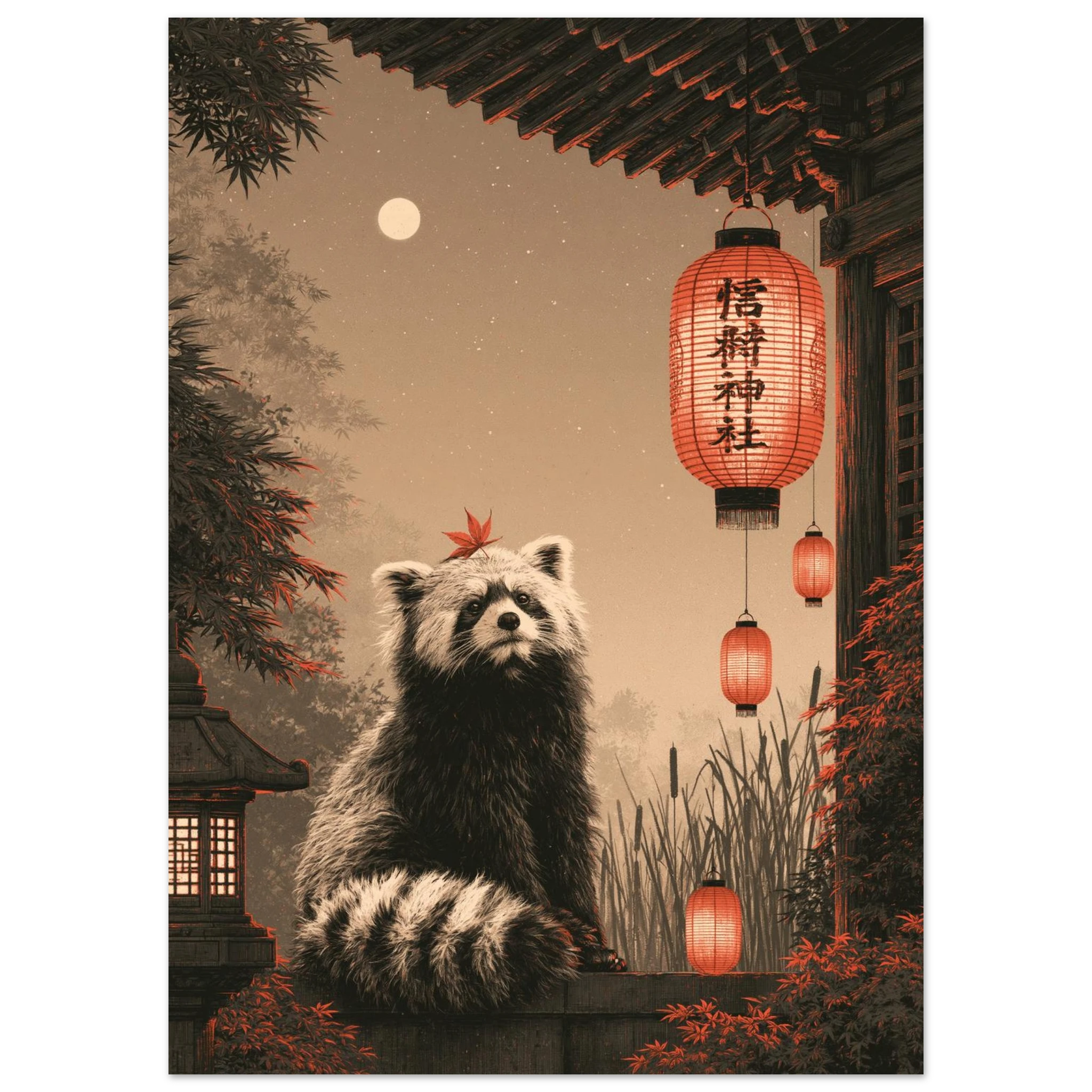 Poster Tanuki sans cadre — esprit farceur près d'un sanctuaire japonais, affiche d'art INKONAL