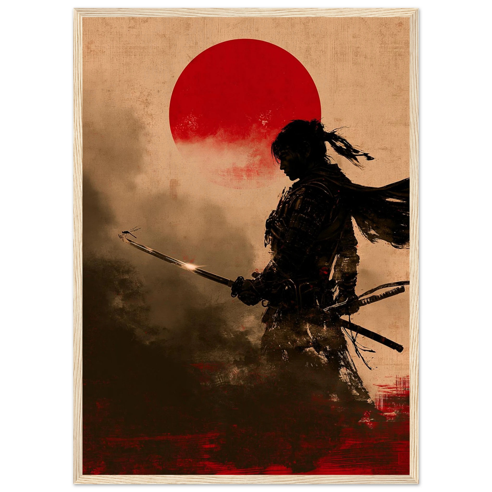 Poster Tombo encadré (cadre bois) — libellule posée sur la lame d'un samouraï, affiche d'art japonais INKONAL