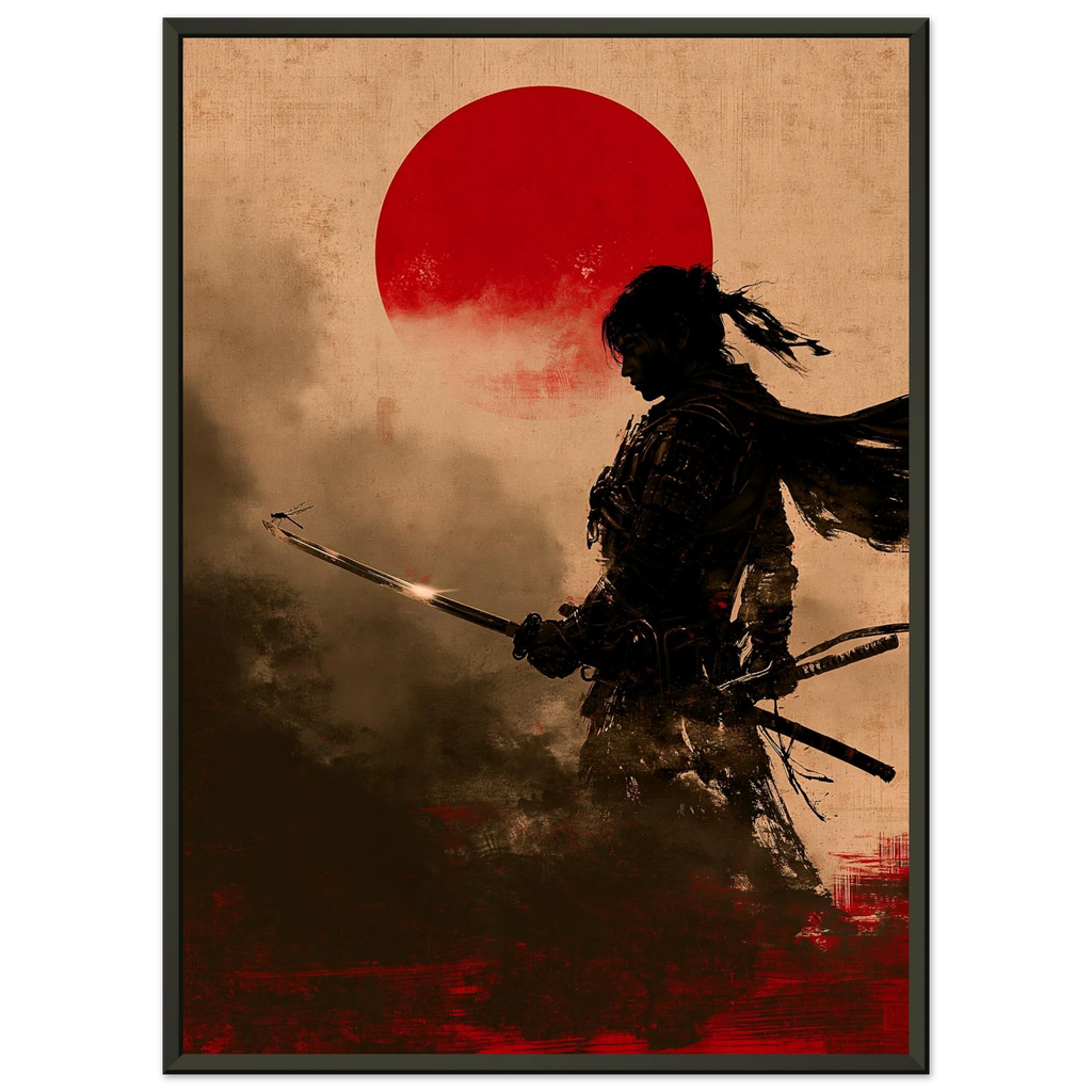 Poster Tombo encadré (cadre noir) — libellule posée sur la lame d'un samouraï, affiche d'art japonais INKONAL