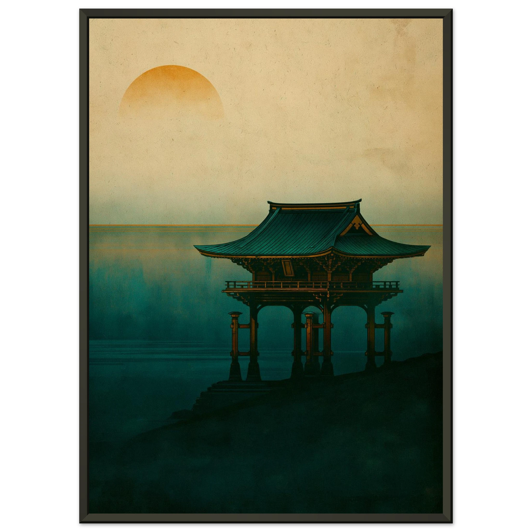 Poster Torii — portique de bois rouge dressé seul dans la brume, affiche d'art japonais INKONAL