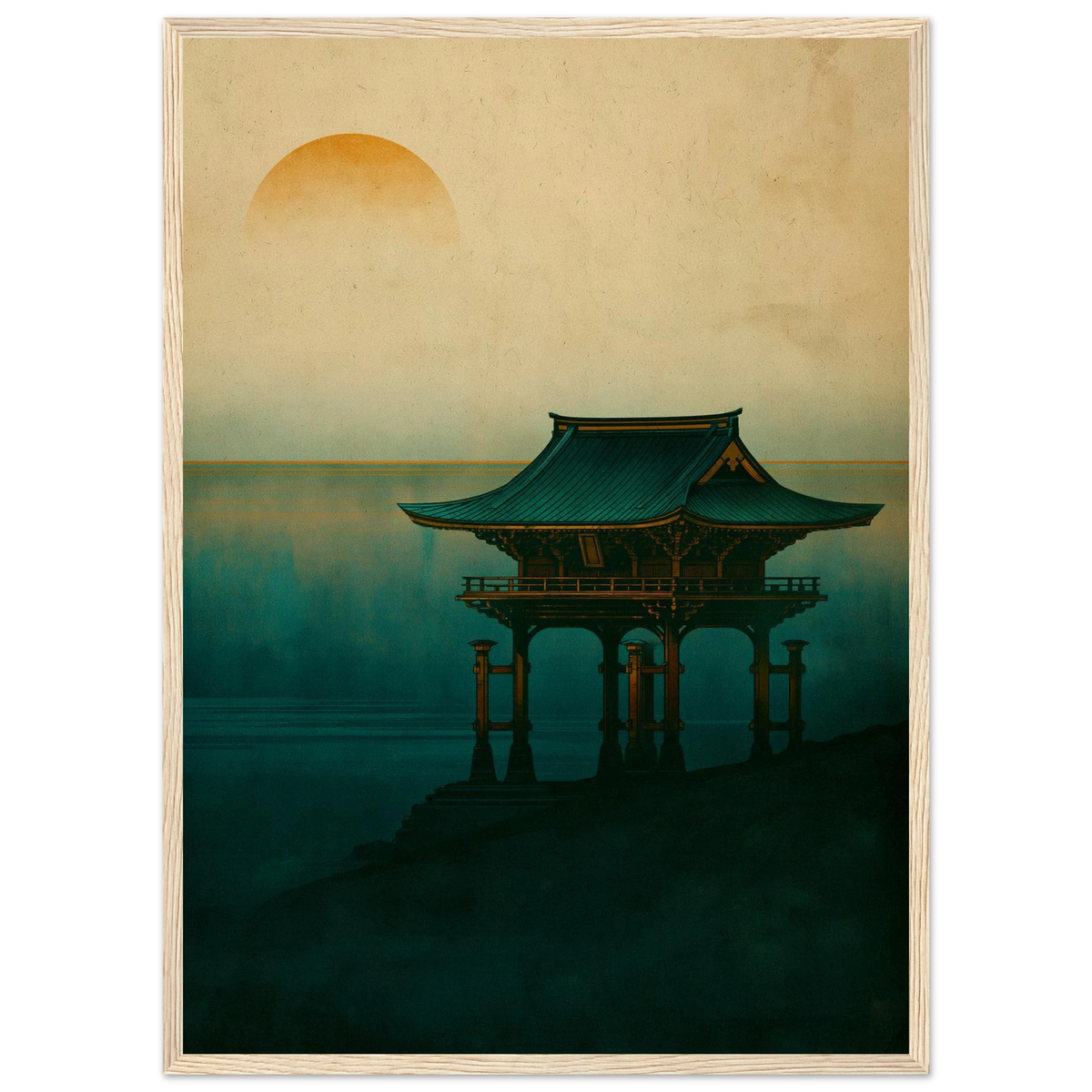 Poster Torii — portique de bois rouge dressé seul dans la brume, affiche d'art japonais INKONAL