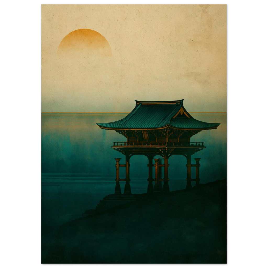 Poster Torii — portique de bois rouge dressé seul dans la brume, affiche d'art japonais INKONAL