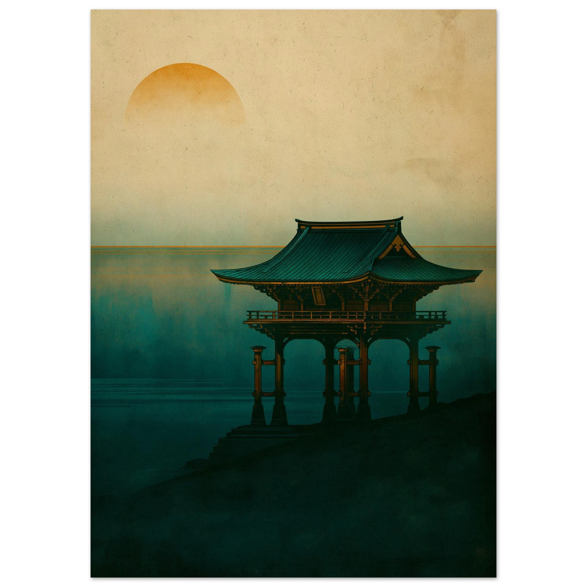 Poster Torii — portique de bois rouge dressé seul dans la brume, affiche d'art japonais INKONAL