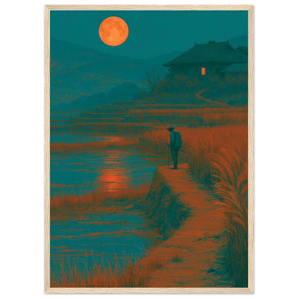 Poster Tsukimi encadré (cadre bois) — voyageur face à la pleine lune entre les rizières, affiche d'art japonais INKONAL