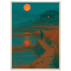 Poster Tsukimi encadré (cadre bois) — voyageur face à la pleine lune entre les rizières, affiche d'art japonais INKONAL